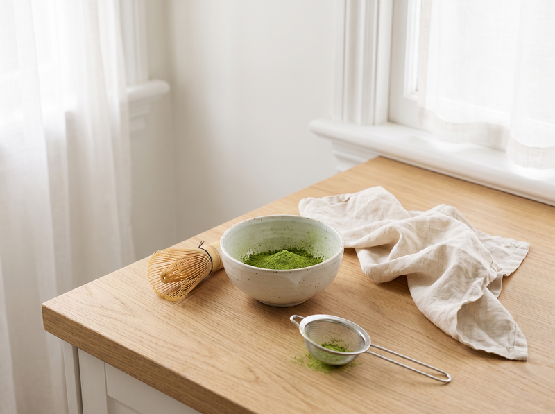 A pale oak counter by a bright window set with a matcha bowl, bamboo whisk, sieve and linen cloth