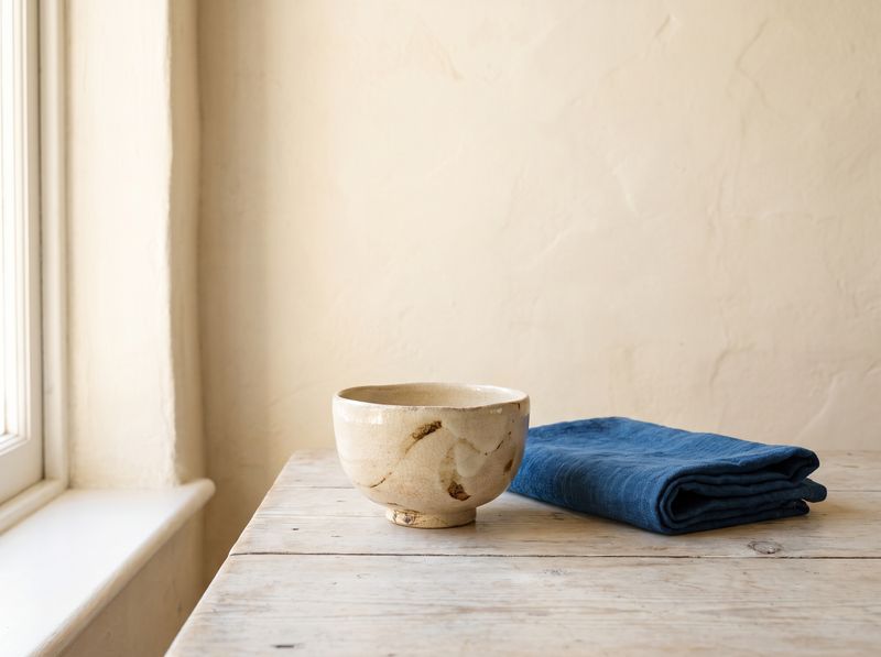 An aged tea bowl and a folded indigo cloth on pale wood in bright daylight