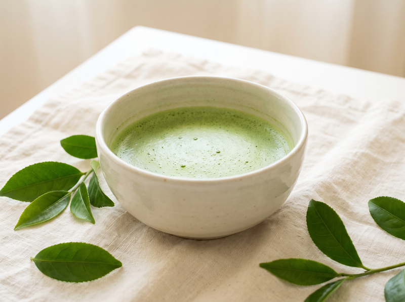 A bowl of freshly whisked matcha on cream linen with fresh green tea leaves beside it