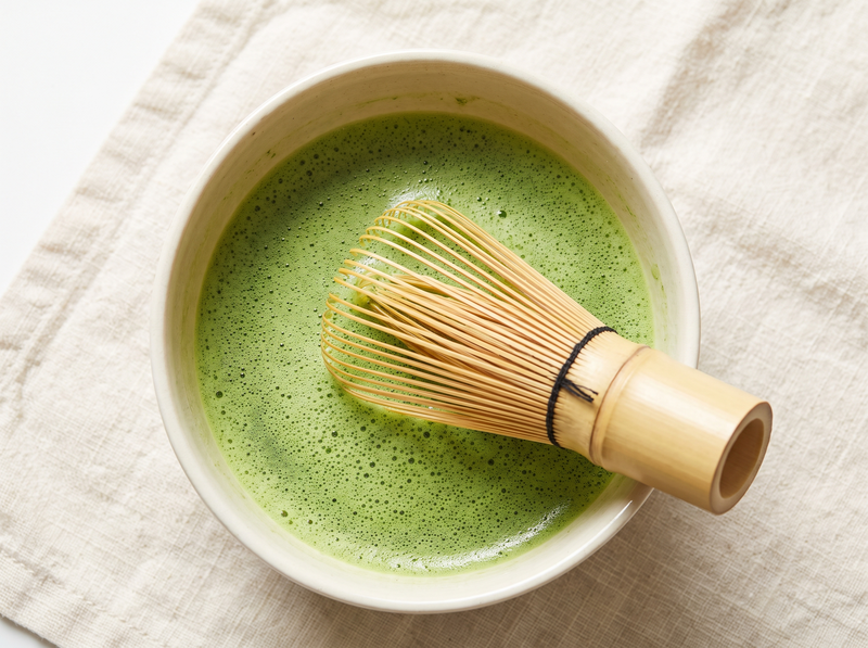A bamboo chasen resting in a bowl of usucha whisked to a fine even foam, seen from above