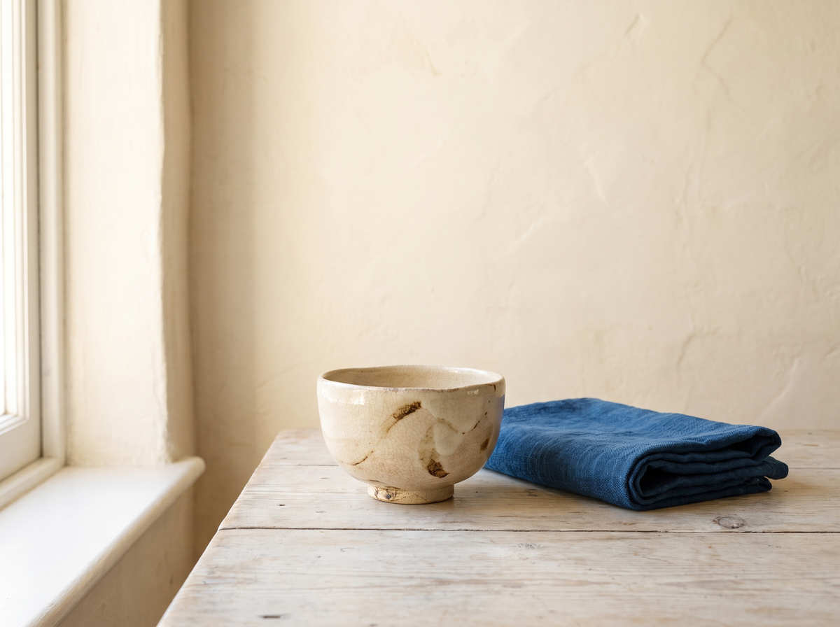 An aged tea bowl and a folded indigo cloth on pale wood in bright daylight