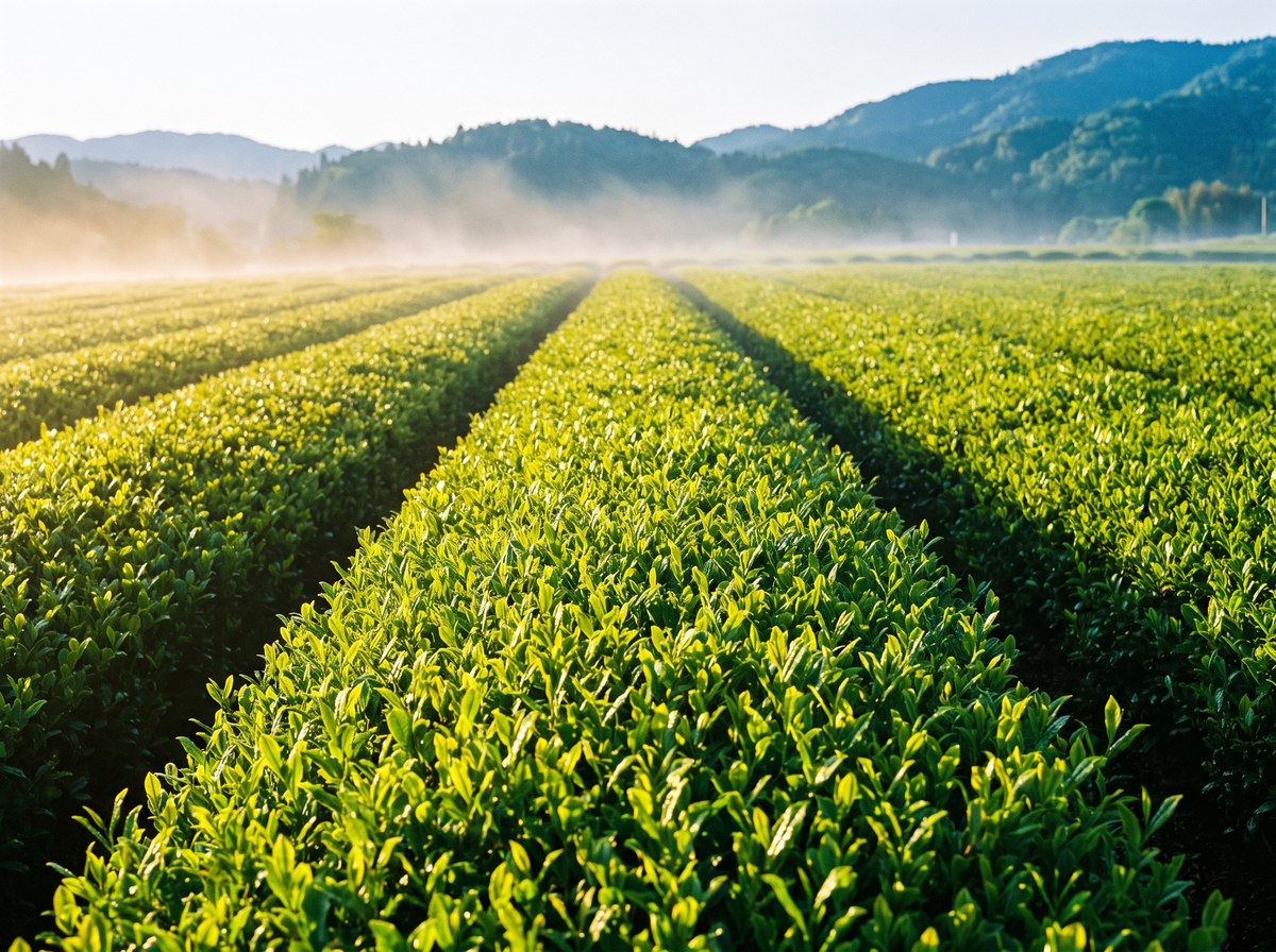Rows of tea bushes running to the hills at Uji shortly after sunrise, light haze lifting off the field