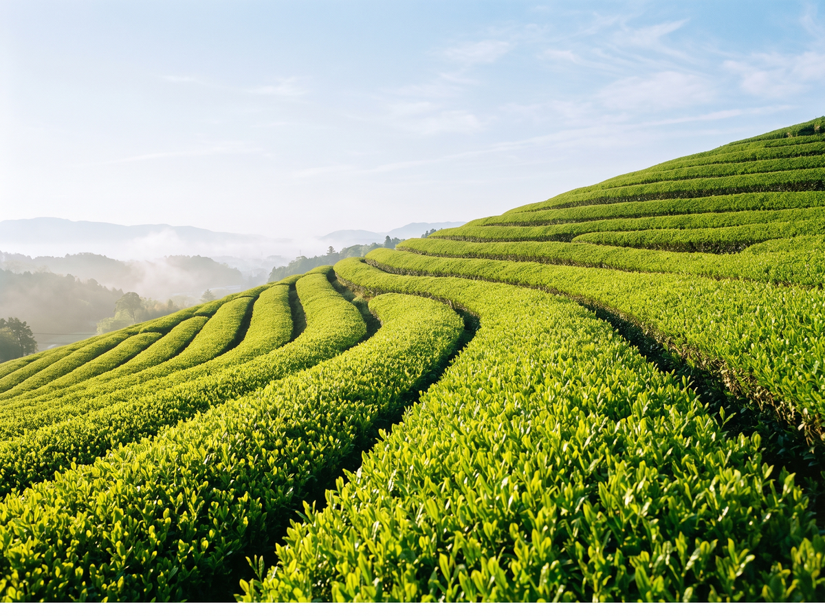 Curving rows of vivid green tea bushes on the terraced hillsides above Uji in clear morning light
