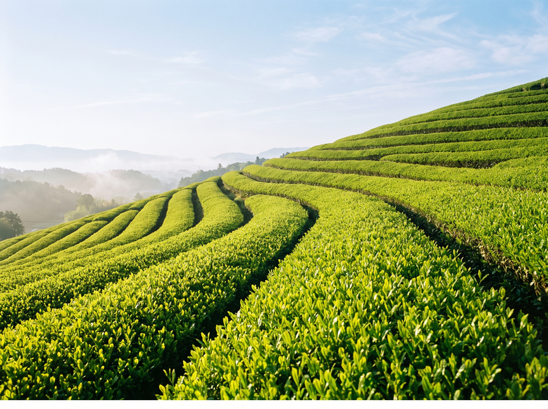 Curving rows of vivid green tea bushes on the terraced hillsides above Uji in clear morning light