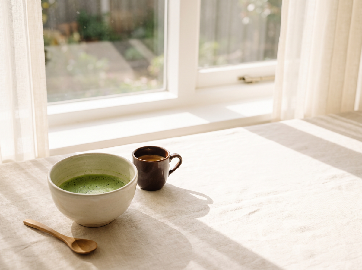 A bowl of bright green matcha beside a small cup of coffee on cream linen in morning window light