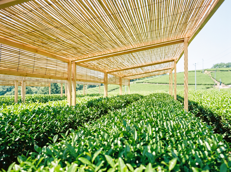 Woven bamboo shade screens raised over rows of tea bushes, daylight striping the leaves below