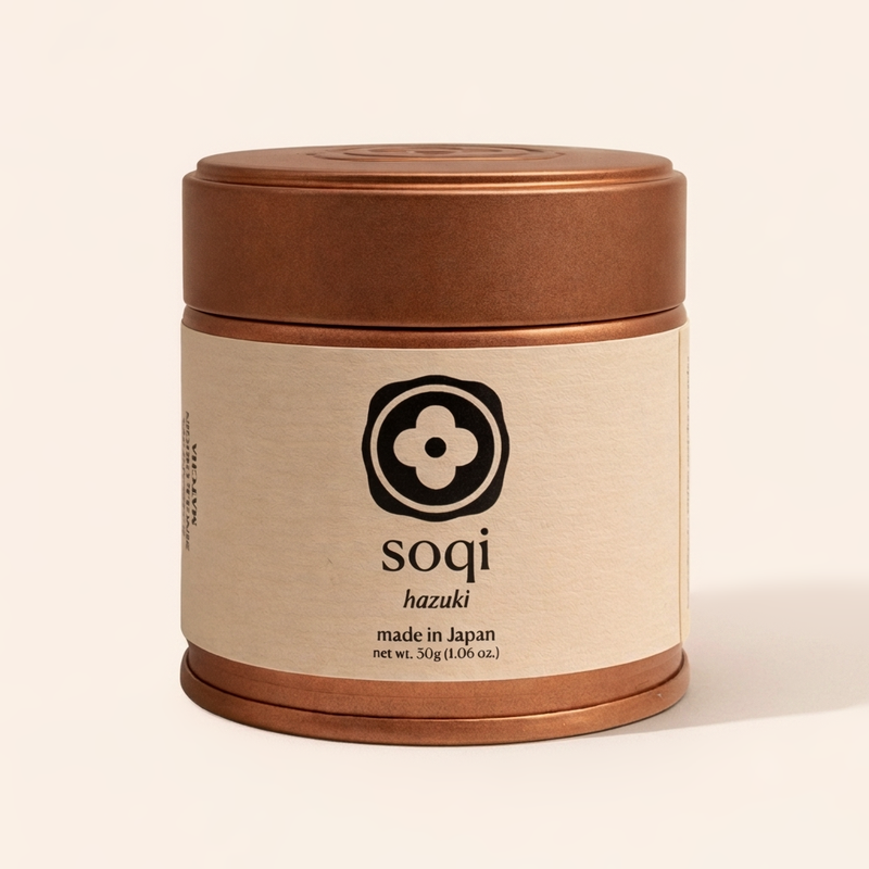 A sealed tin of Hazuki first-harvest matcha