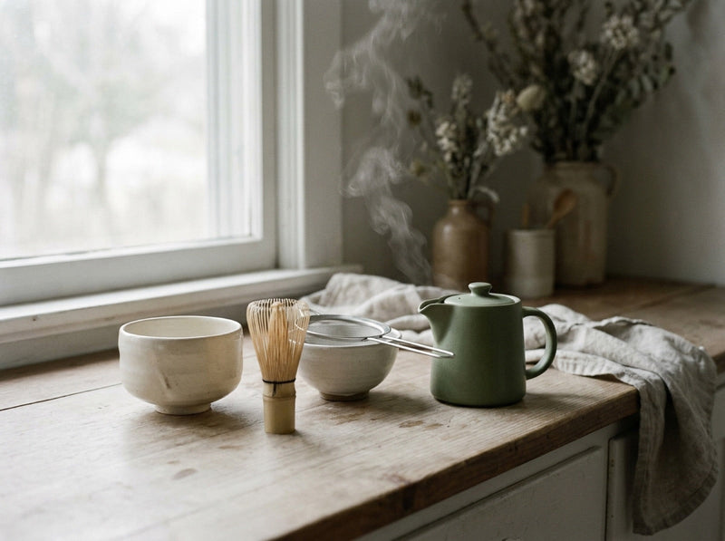 A kitchen counter set with matcha bowls, a bamboo whisk and a kettle