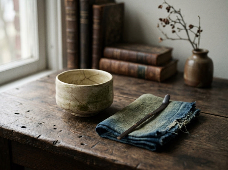 An aged tea bowl beside old books on a windowsill