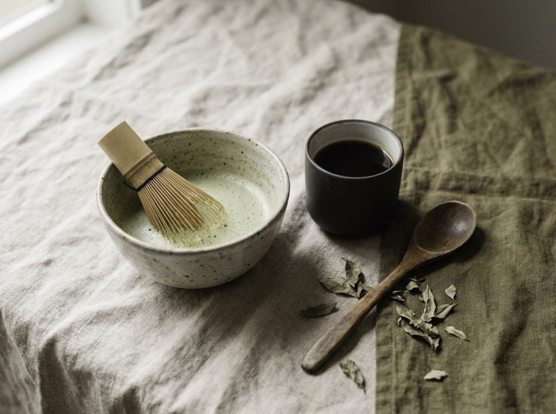 A bowl of matcha beside a dark cup of coffee on linen