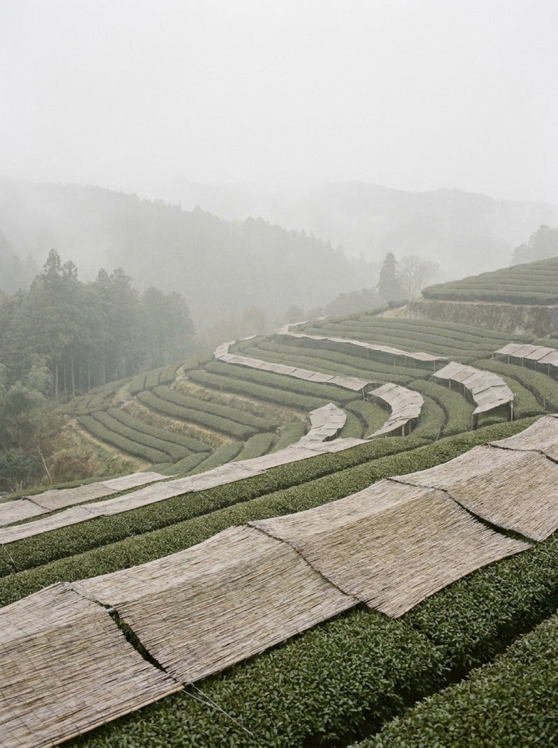Terraced tea fields above Uji under woven bamboo shade, in morning mist